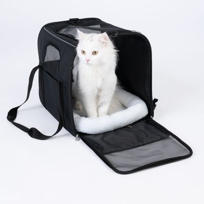 Zwarte transporttas met gaasramen en zachte witte binnenvoering, open, met een witte kat erin.
