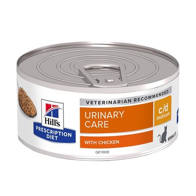 Hill's Prescription Diet Urinary Care with Chicken c/d Multicare, alimento umido per gatti. Testo visibile: VETERINARIAN RECOMMENDED, CAT FOOD.