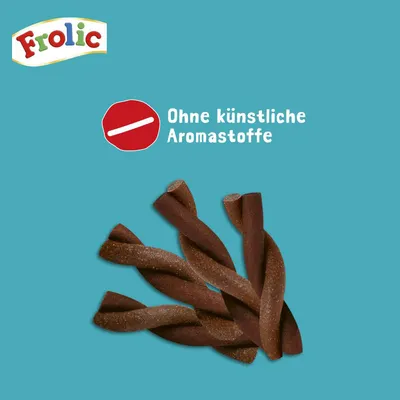 Frolic, Ohne künstliche Aromastoffe (texte en allemand), friandises torsadées visibles. Mention de l'absence d'arômes artificiels sur l'image.