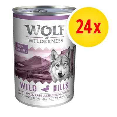 Wolf of Wilderness Wild Hills, 100% grain-free, 24x400 g. Ente mit Waldbeeren, Wurzeln und Wildkräutern. Mix with fruits of the forest, roots and wild herbs.