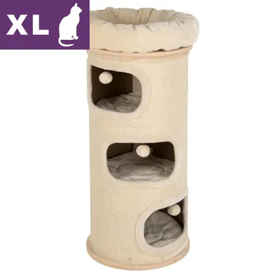 Drapak dla kota XL, beżowy, trzy poziomy z wejściami i pluszowymi poduszkami, na każdym poziomie zawieszona piłka do zabawy. Materiał: tkanina i sizal.