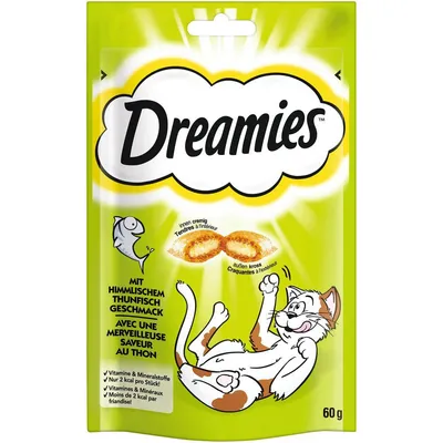 Dreamies przysmak dla kota, smak tuńczyka, 60 g. Tekst: witaminy i minerały, mniej niż 2 kcal na sztukę. Opakowanie z rysunkiem kota i przekrojem przysmaku.