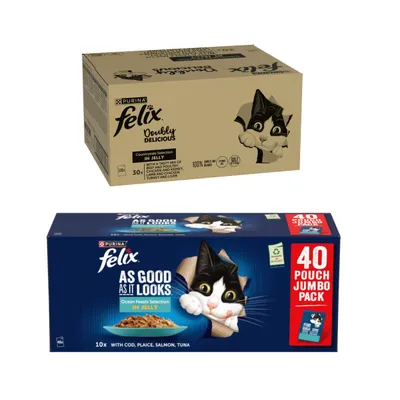 Felix As Good As It Looks Wet Cat Food + 40x85g Felix Wet Cat Food Free! * - Doubly Delicious Countryside Selection in Jelly (120 x 85g) + Ocean Feasts Selection in Jelly (40 x 85g) Felix As Good As It Looks Wet Cat Food + 40x85g Felix Wet Cat Food Free! * - Doubly Delicious Countryside Selection in Jelly (120 x 85g) + Ocean Feasts Selection in Jelly (40 x 85g)