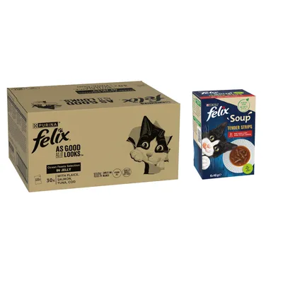 120 x 85g Felix As Good As It Looks Wet Cat Food + 48 x 85g Felix Wet Cat Food Free! * - Ocean Feasts Selection in Jelly (120 x 85g) + Soup Time Tender Strips Farm Selection (48 x 48g)