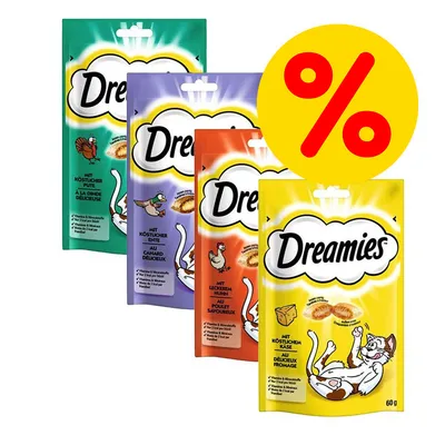 Fyra påsar Dreamies kattgodis i olika smaker: kalkon, anka, kyckling och ost. Stor gul cirkel med röd procent-symbol visar erbjudande eller rabatt. Fyra påsar Dreamies kattgodis i olika smaker: kalkon, anka, kyckling och ost. Stor gul cirkel med röd procent-symbol visar erbjudande eller rabatt.