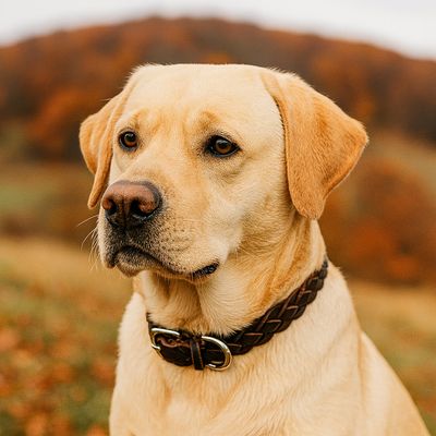 Braided brown leather collar with silver buckle and eyelet.