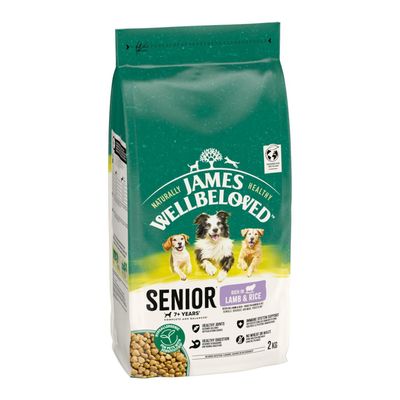 James Wellbeloved Senior dog food, suitable for dogs from 7 years, rich in lamb and rice, hypoallergenic, pack size 2 kg.