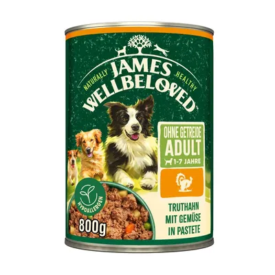 James Wellbeloved Adult 1-7 years, grain-free, turkey with vegetables in pâté, hypoallergenic, 800g can.