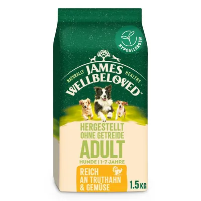 James Wellbeloved Adult Hundefutter, hergestellt ohne Getreide, reich an Truthahn und Gemüse, hypoallergen, für Hunde von 1-7 Jahren, Packungsgrösse 1,5 kg.