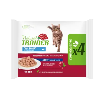 Natural Trainer comida para gatos adultos, bocados en salsa con atún y arándano, paquete de 4 x 85g, sin colorantes ni aromatizantes.