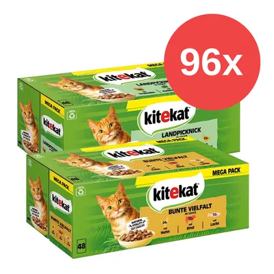 Kitekat Mega Pack, 96x Portionsbeutel. Sorten: Landpicknick und Bunte Vielfalt mit Huhn, Rind, Lachs in Sauce. Natural Vitality Rezeptur.