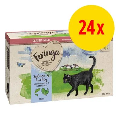 Feringa Classic Meat, salmon and turkey with courgette and watercress, adult, pack of 24 x 85g shown on box.