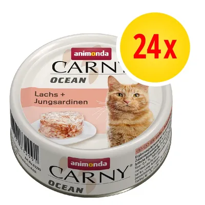 animonda Carny Ocean Lachs + Jungsardinen, opakowanie 24x. Na etykiecie zdjęcie kota i porcji karmy.