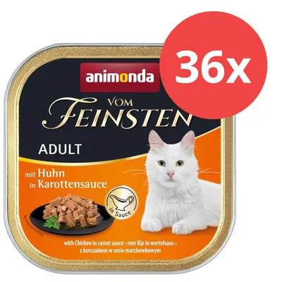 Animonda Vom Feinsten Adult, mit Huhn in Karottensauce, 36x Portionen. Abgebildet: weiße Katze und servierte Stücke in Sauce.