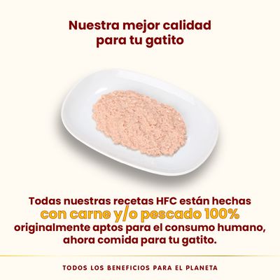 Nuestra mejor calidad para tu gatito. Todas nuestras recetas HFC están hechas con carne y/o pescado 100% originalmente aptos para el consumo humano, ahora comida para tu gatito.
