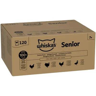 whiskas Senior 7+, izbor perutnine, 120 vrečkic, s piščancem, puranom, perutnino in raco, 100 % kakovostne sestavine whiskas Senior 7+, izbor perutnine, 120 vrečkic, s piščancem, puranom, perutnino in raco, 100 % kakovostne sestavine