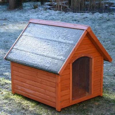 Holzhundehütte mit gewölbter Tür und frostbedecktem Dach, geeignet für den Aussenbereich.