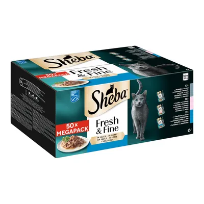 Multipack Sheba Fresh & Fine en sachets fraîcheur, 50 x 50 g pour chat - cabillaud, saumon et thon en sauce