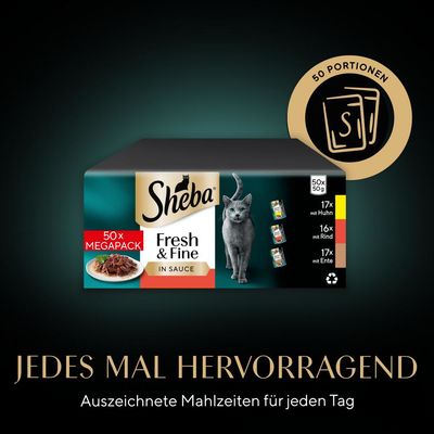 Multipack Sheba Fresh & Fine en sachets fraîcheur, 50 x 50 g -- poulet, bœuf et canard en sauce
