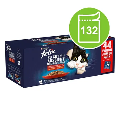 Felix So Gut Wie Es Aussieht 44 pouch jumbo pack, Purina branding, visible cat image on box, green icon with white pouch and number 132