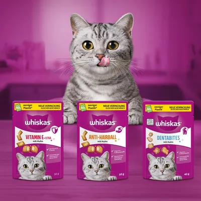 Whiskas Snacks s kuřetem: Vitamin E-Xtra 50g, Anti-Hairball 50g, Dentabites 40g. Méně plastu, stejná chuť. Kočka v pozadí.