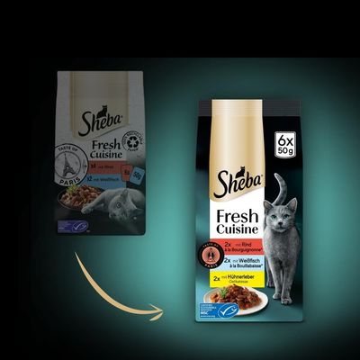 Опаковка Sheba Fresh Cuisine 6x50 г с котка, Taste of Paris, 2x с телешко, 2x с бяла риба, 2x с пилешки дробчета. Видими са логото на MSC и надписите на немски.