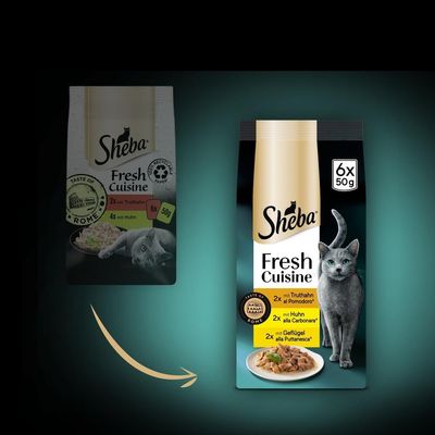 Опаковка Sheba Fresh Cuisine, Taste of Rome, 6x50 г. Видими са котка, чиния с храна и текст: 2x Truthahn al Pomodoro, 2x Huhn alla Carbonara, 2x Geflügel alla Puttanesca.