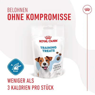 Royal Canin Training Treats Tasty Chews 110g, moins de 3 calories par pièce. Texte en allemand : Belohnen ohne Kompromisse, weniger als 3 Kalorien pro Stück.