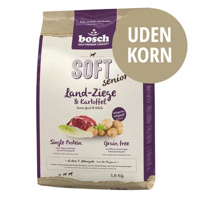 bosch SOFT senior Land-Ziege & Kartoffel, Single Protein, Grain Free, UDEN KORN, reduceret fedtindhold, 2,5 kg. Billede af kød og kartofler på emballagen.