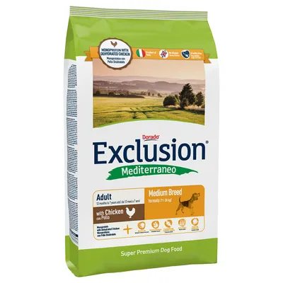 Dorado Exclusion Mediterraneo Adult Medium Breed cu pui. Monoproteină, fabricat în Italia, fără gluten, netestat pe animale. Super Premium Dog Food pentru câini de 11-30 kg.