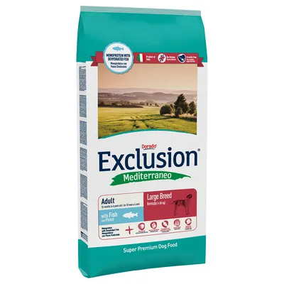 Dorado Exclusion Mediterraneo Adult Large Breed con pesce, monoproteico, prodotto in Italia, senza glutine, senza test sugli animali. Super premium cibo per cani di taglia grande.