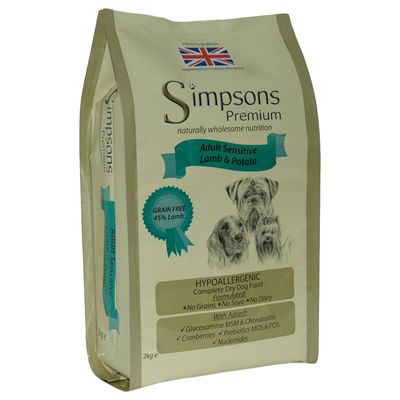 Simpsons Premium Adult Sensitive Lamb & Potato, GRAIN FREE 45% Lamb, хипоалергенна суха храна за кучета. Без зърнени, соя и млечни продукти. С глюкозамин, MSM, хондроитин, червени боровинки.