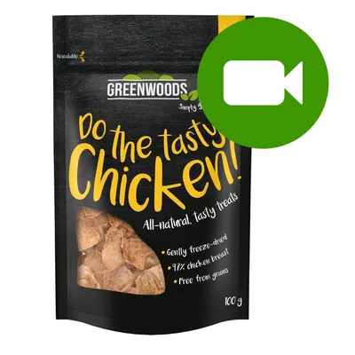 GREENWOODS Do the tasty Chicken! Przysmaki, 97% chicken breast, gently freeze-dried, free from grains, 100 g. Zielona ikona kamery w prawym górnym rogu.