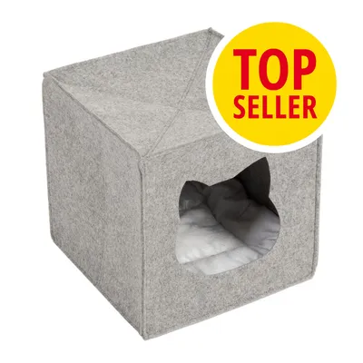 Graue Filzhöhle mit Katzenkopf-Ausschnitt und weichem Innenpolster. Gelber Kreis mit rotem Text 'Top Seller'.