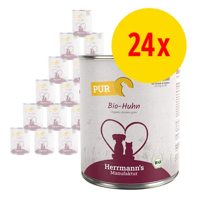 Lot de 24 boîtes Herrmann's Manufaktur PUR Bio-Huhn, texte visible : Organic chicken pure, pour chiens et chats, logo bio sur l’emballage. Lot de 24 boîtes Herrmann's Manufaktur PUR Bio-Huhn, texte visible : Organic chicken pure, pour chiens et chats, logo bio sur l’emballage.
