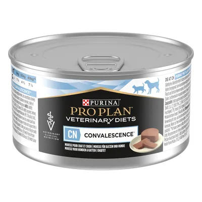 Purina Pro Plan Veterinary Diets CN Convalescence, mousse voor honden en katten. Blik met productafbeelding en voedingsadvies voor 5kg, 20kg en 40kg lichaamsgewicht.