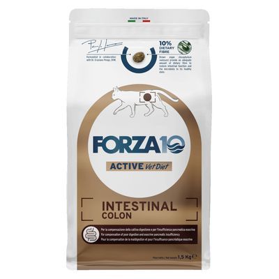 Forza10 Active Vet Diet Intestinal Colon kattenvoer, 1,5 kg zak, 10% dietary fibre, afbeelding kat met markering op de buik. Tekst: Made in Italy.