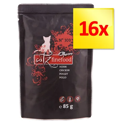 catz finefood N°103 Huhn, 85 g, zestaw 16x. Widoczny tekst: CHICKEN, POULET, POLLO. Opakowanie z czarnym tłem i czerwonymi zdobieniami. catz finefood N°103 Huhn, 85 g, zestaw 16x. Widoczny tekst: CHICKEN, POULET, POLLO. Opakowanie z czarnym tłem i czerwonymi zdobieniami.