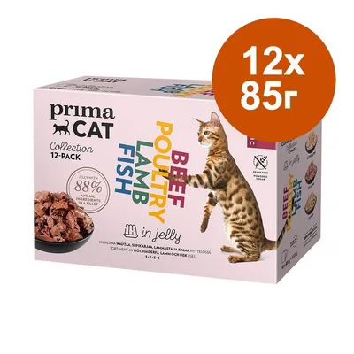 primaCAT Collection 12x85 г, микс говеждо, птиче, агнешко, риба в желе; 88% животински съставки; без зърно и добавена захар. Котка и купа с храна на опаковката.