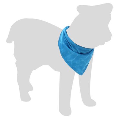 Niebieska chustka z motywem wody, prezentowana na szarej sylwetce psa.