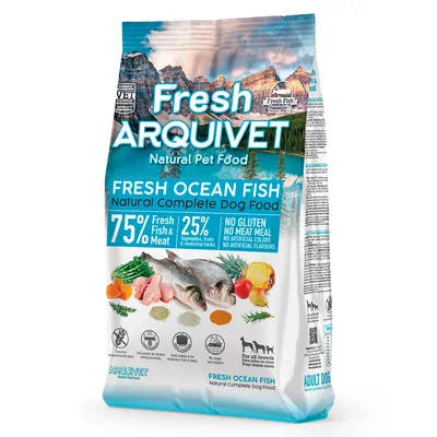 Arquivet Fresh Ocean Fish hondenvoer, 75% vis en vlees, 25% groenten, glutenvrij, zonder kunstmatige kleurstoffen of aroma’s. Geschikt voor alle rassen.