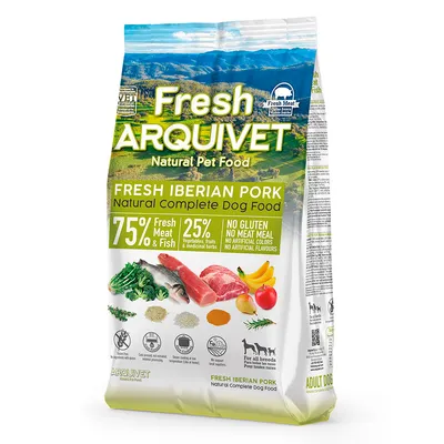 Arquivet Fresh Iberian Pork hundefoder, 75% kød og fisk, 25% grøntsager, glutenfri, uden kunstige farver eller aromaer. Egnet til alle racer.