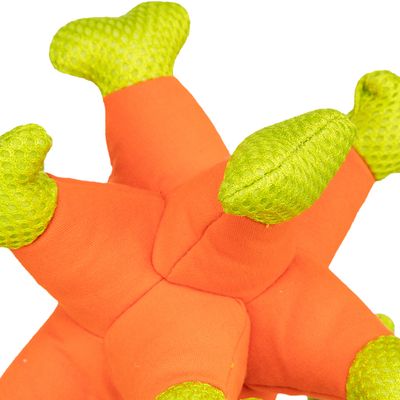 Orange-grönt tygmjukt leksak med flera armar, lämplig för husdjur. Material: textil och nät.
