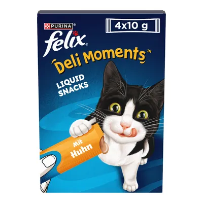 Purina Felix Deli Moments Liquid Snacks, 4x10g, mit Huhn. Verpackung zeigt eine schwarz-weisse Katze mit einem Snackbeutel.