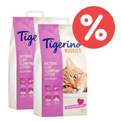 Tigerino Nuggies Natural Clay Clumping Litter, eco-friendly, mit Baby Powder Duft, schnelle Klumpenbildung, Geruchskontrolle, hohe Absorption, extra-feines Korn. 14L Packung im Angebot.