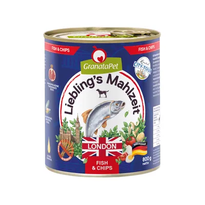 GranataPet Liebling's Mahlzeit Fish & Chips, Limited City-Tour Edition, London, 800g can. Ingredients: pomegranate seeds, salmon oil, grain-free. Made in Germany.