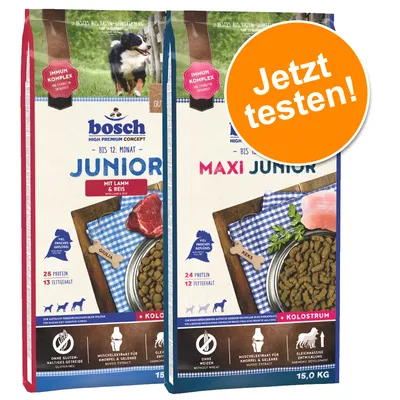 bosch Junior mit Lamm & Reis 25 % protéines 13 % matières grasses, bosch Maxi Junior 24 % protéines 12 % matières grasses, sacs de 15 kg. Texte allemand : Jetzt testen!