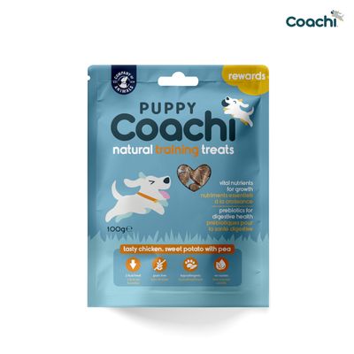 Puppy Coachi Natural Training Treats, 100g. Chutné kuracie mäso, sladký zemiak s hráškom. Hypoalergénne, bez obilnín, 2 kcal na kus, bez škodlivých prísad. Obsahuje vitálne látky a prebiotiká.