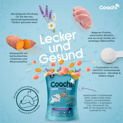 Coachi natural calming treats mit Truthahn und Süsskartoffel. Beruhigende Mischung, unterstützt Nerven und lindert Angst. Inhaltsstoffe: Truthahnmehl 36%, Süsskartoffel 30%, Kamille, Lavendel.