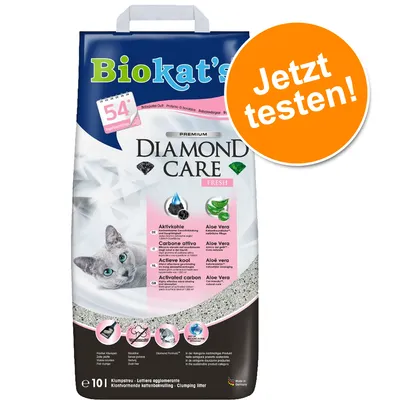 Biokat's Diamond Care Fresh Klumpstreu mit Aktivkohle und Aloe Vera, 10 Liter. Hinweis: Jetzt testen! 54 Tage Frische laut Verpackung.